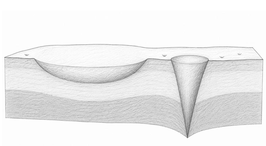 Cross-section diagram comparing a wide shallow depression with a narrow deep shaft, representing broad feedback versus deep, targeted feedback